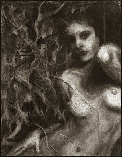 Tangled, original 2001 portrait charcoal painting on paper by Laura L. Krusemark