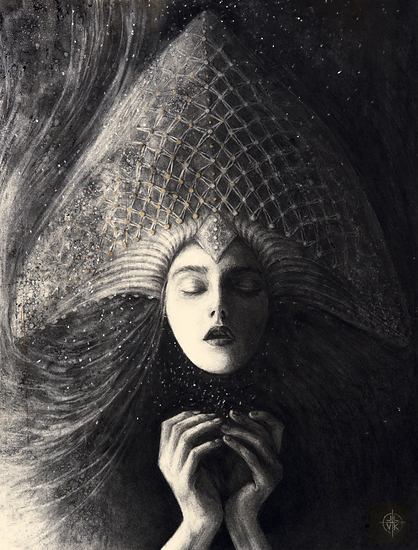 Ancient Song of the Sun, original 2016 portrait charcoal painting on paper by Laura L. Krusemark