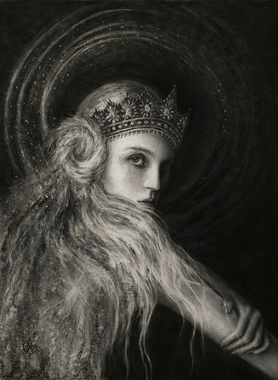 Pleiadian Queen, original 2016 portrait charcoal painting on paper by Laura L. Krusemark