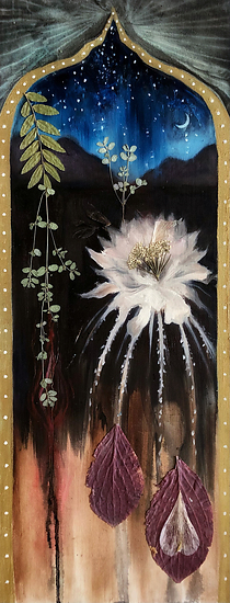Inanna - Queen of the Night, original 2021 floral oil painting on wood panel by Laura L. Krusemark