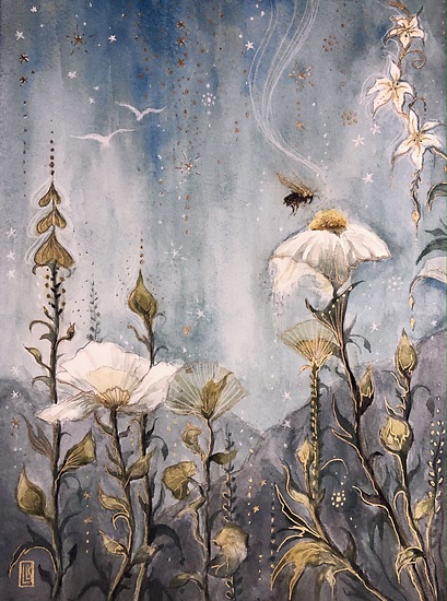 The Visitor, original 2022 floral watercolor painting on paper by Laura L. Krusemark