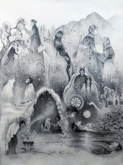In the Time of Witches, original 2022 figurative pencil painting on paper by Laura L. Krusemark