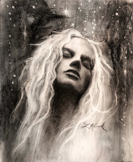 Angel of Light, original 2023 portrait charcoal painting on paper by Laura L. Krusemark