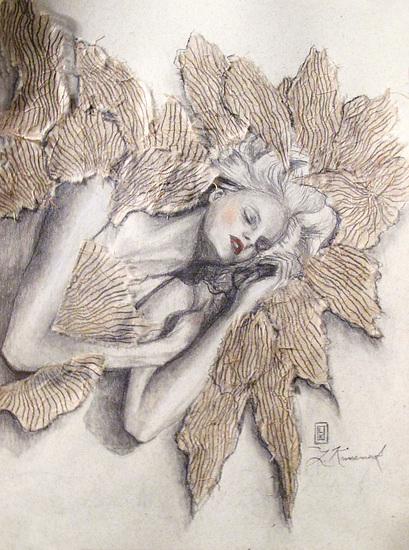 Winged Dreams, original 2023 figurative pencil painting on paper by Laura L. Krusemark