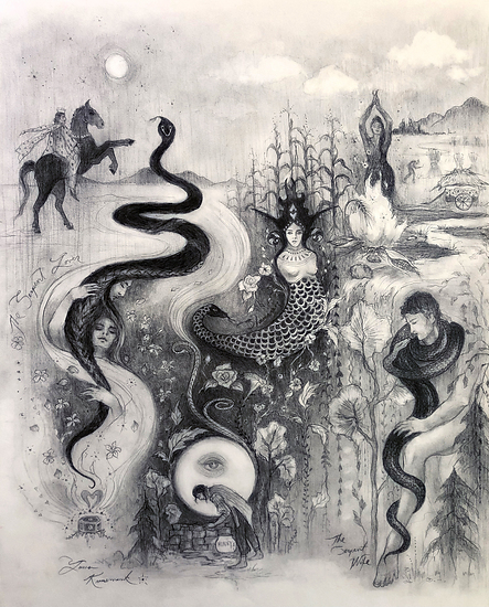 Soaring Serpents, original 2023 figurative pencil painting on paper by Laura L. Krusemark
