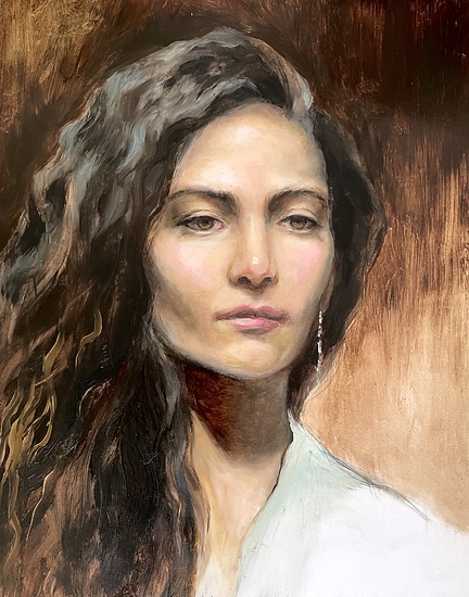 Focused Reflection, original 2024 portrait oil painting on wood panel by Laura L. Krusemark