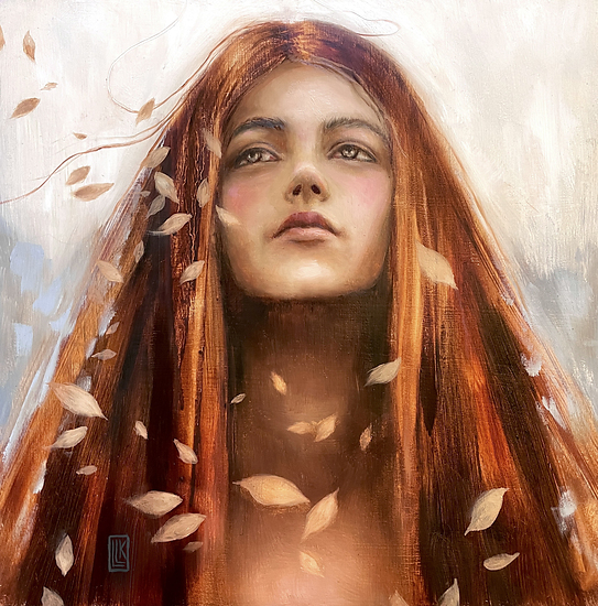 Autumn's Song, original 2024 portrait oil painting on wood panel by Laura L. Krusemark