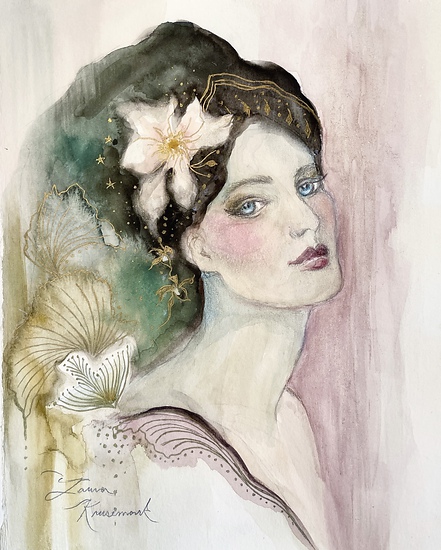 From Lemuria with Love, original 2025 figurative watercolor painting on paper by Laura L. Krusemark