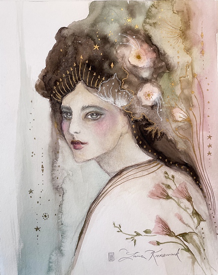 Guinevere Star of the floral elementals, original 2025 figurative watercolor painting on paper by Laura L. Krusemark
