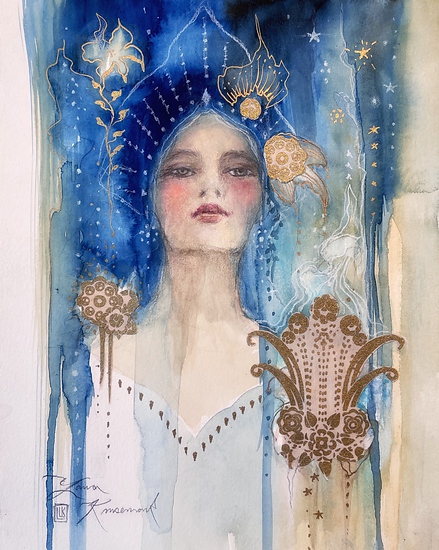 Indigo Queen, original 2025 figurative watercolor painting on paper by Laura L. Krusemark