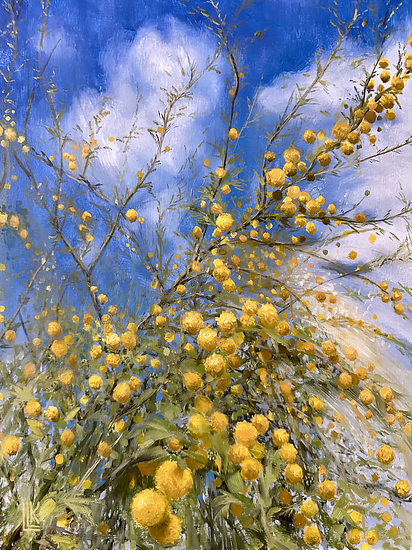 The Golden Acacia Cascade, original 2025 floral oil painting on wood panel by Laura L. Krusemark