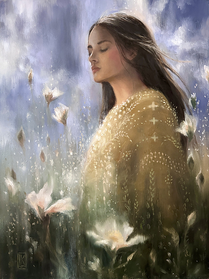 The Healing Garden, original 2025 figurative oil painting on wood panel by Laura L. Krusemark