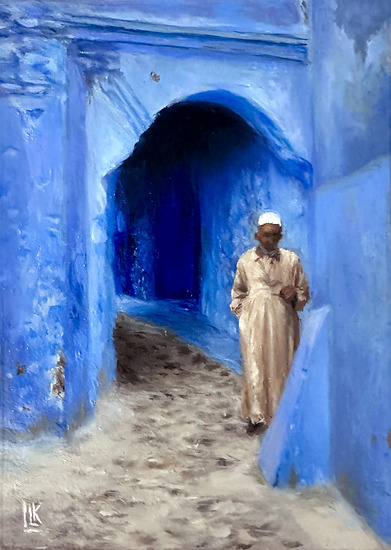 Chefchaouen II, original 2025 architecture oil painting on wood panel by Laura L. Krusemark