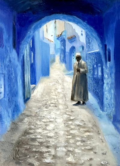 Chefchouen I, original 2025 architecture oil painting on wood panel by Laura L. Krusemark
