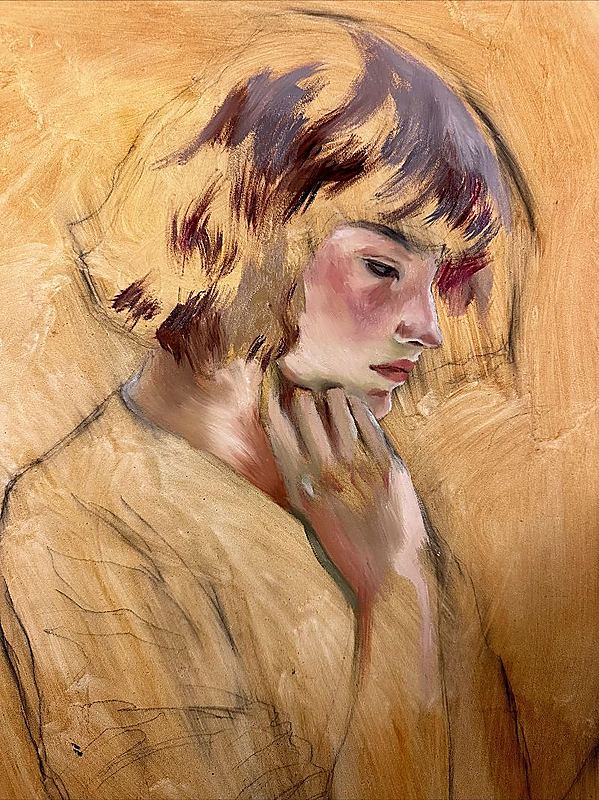 Beginning stage of toning the panel in a warm yellow ochre