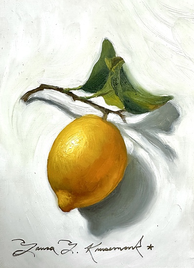 Lemon Study 4, original 2026 still life oil painting on linen by Laura L. Krusemark