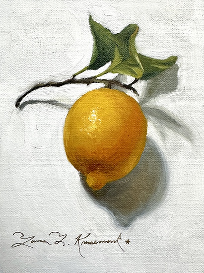 Lemon Study 3, original 2026 still life oil painting on canvas by Laura L. Krusemark