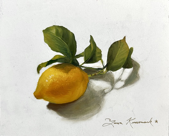 Lemon Study 2, original 2026 still life oil painting on wood panel by Laura L. Krusemark