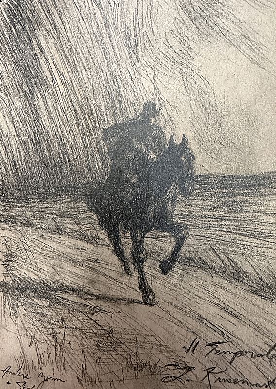 Il temporale, horse and rider sketch, storm landscape, expressive graphite drawing, 2026 graphite painting on paper by Laura L. Krusemark