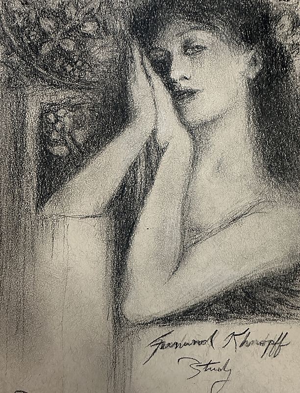 Reflection, female portrait drawing, hand to face, symbolist style sketch, 2026 graphite painting on paper by Laura L. Krusemark