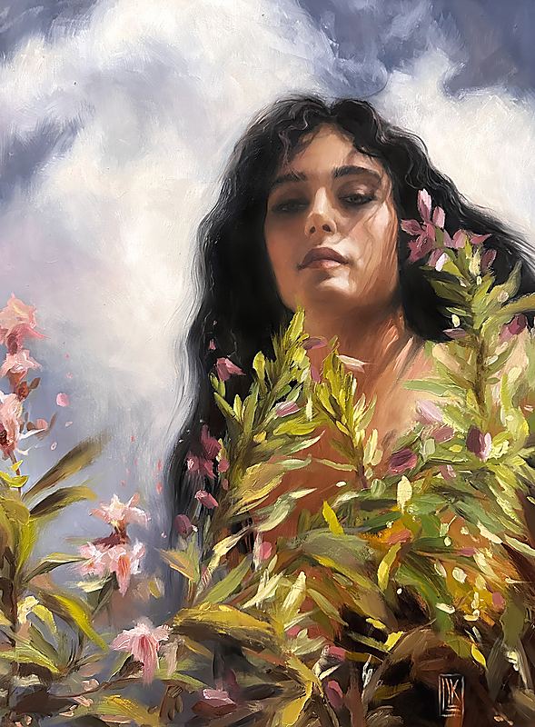 La Primavera, Woman emerging through spring flowers beneath clouds, 2026 oil painting on wood panel by Laura L. Krusemark