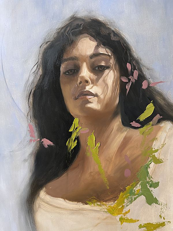 Stage 1: Early portrait block-in with loose floral gestures