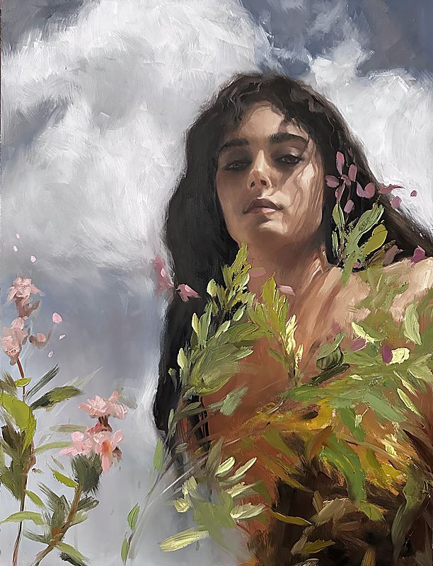 Stage 3: Building atmosphere with layered flowers and storm clouds