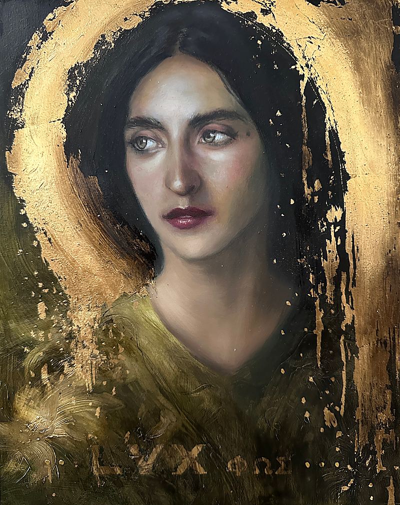 LVX, LVX is an evocative oil portrait on wood panel with genuine gold leaf, exploring light, beauty, mystery, and the luminous presence of the human spirit., 2026 oil painting on wood panel by Laura L. Krusemark
