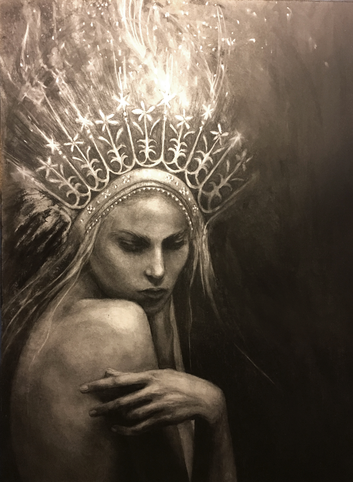The Handless Maiden, original 2015 portrait charcoal painting on paper by Laura L. Krusemark
