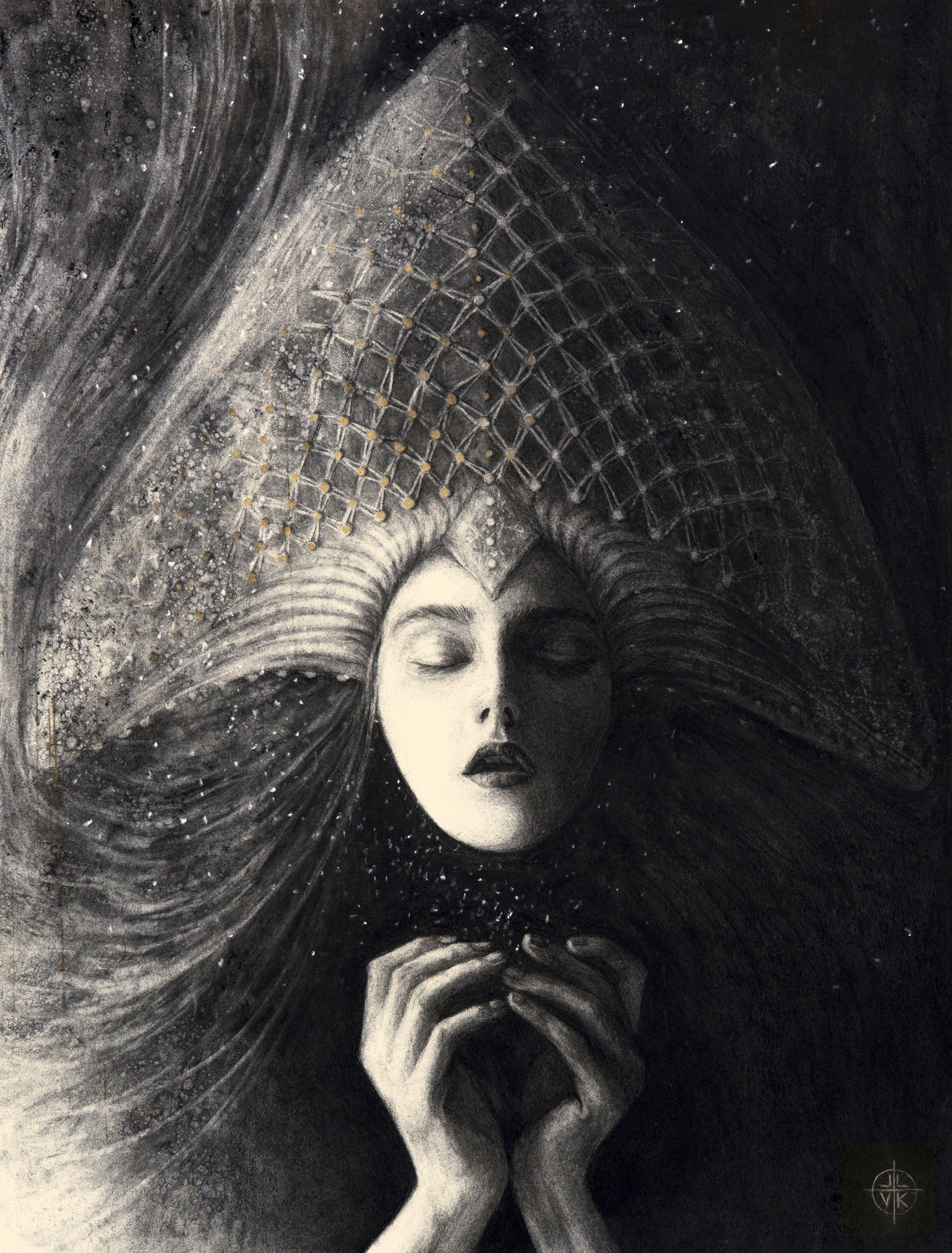 Ancient Song of the Sun, original 2016 portrait charcoal painting on paper by Laura L. Krusemark