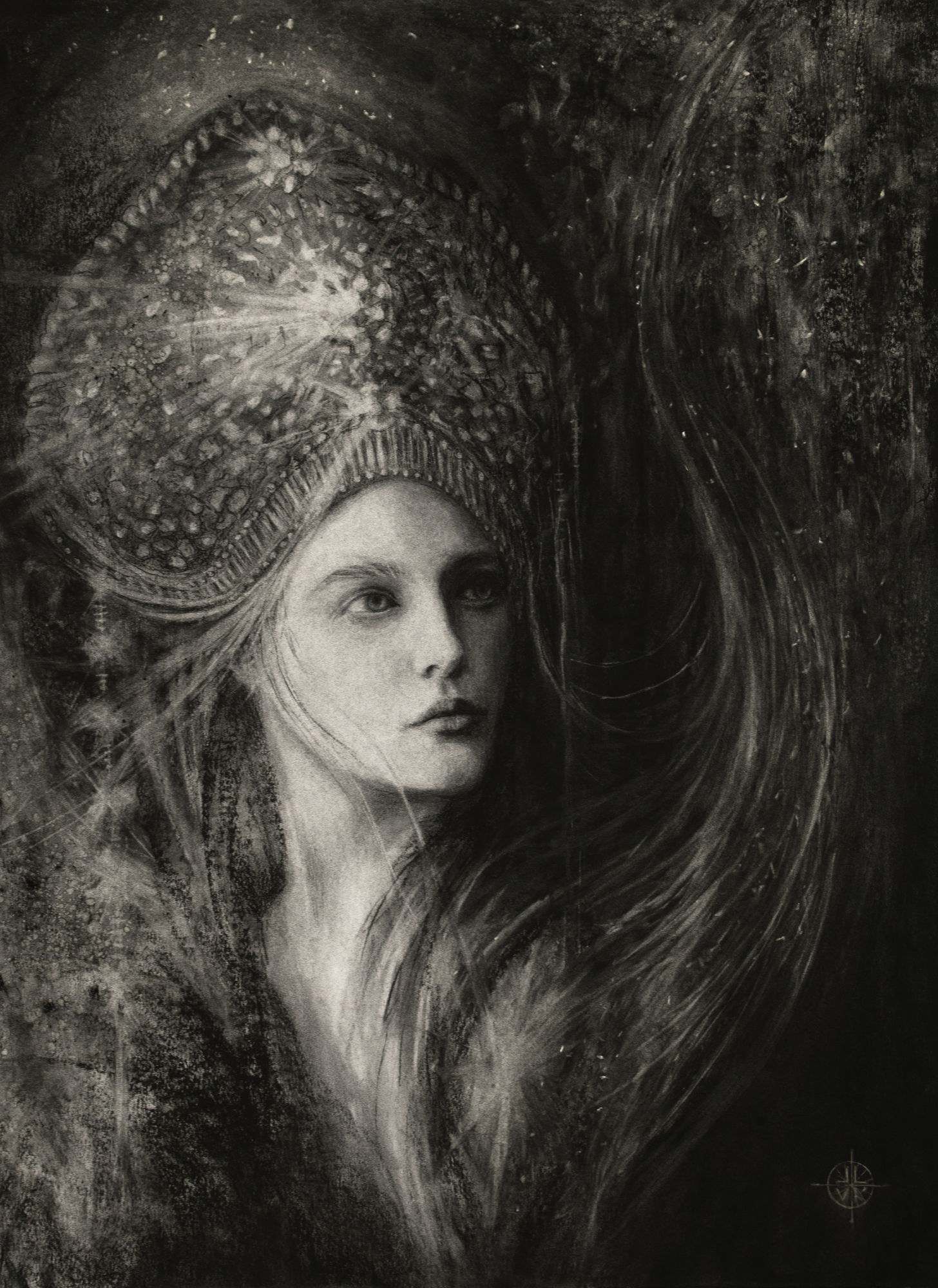 Spring Queen, original 2016 portrait charcoal painting on paper by Laura L. Krusemark