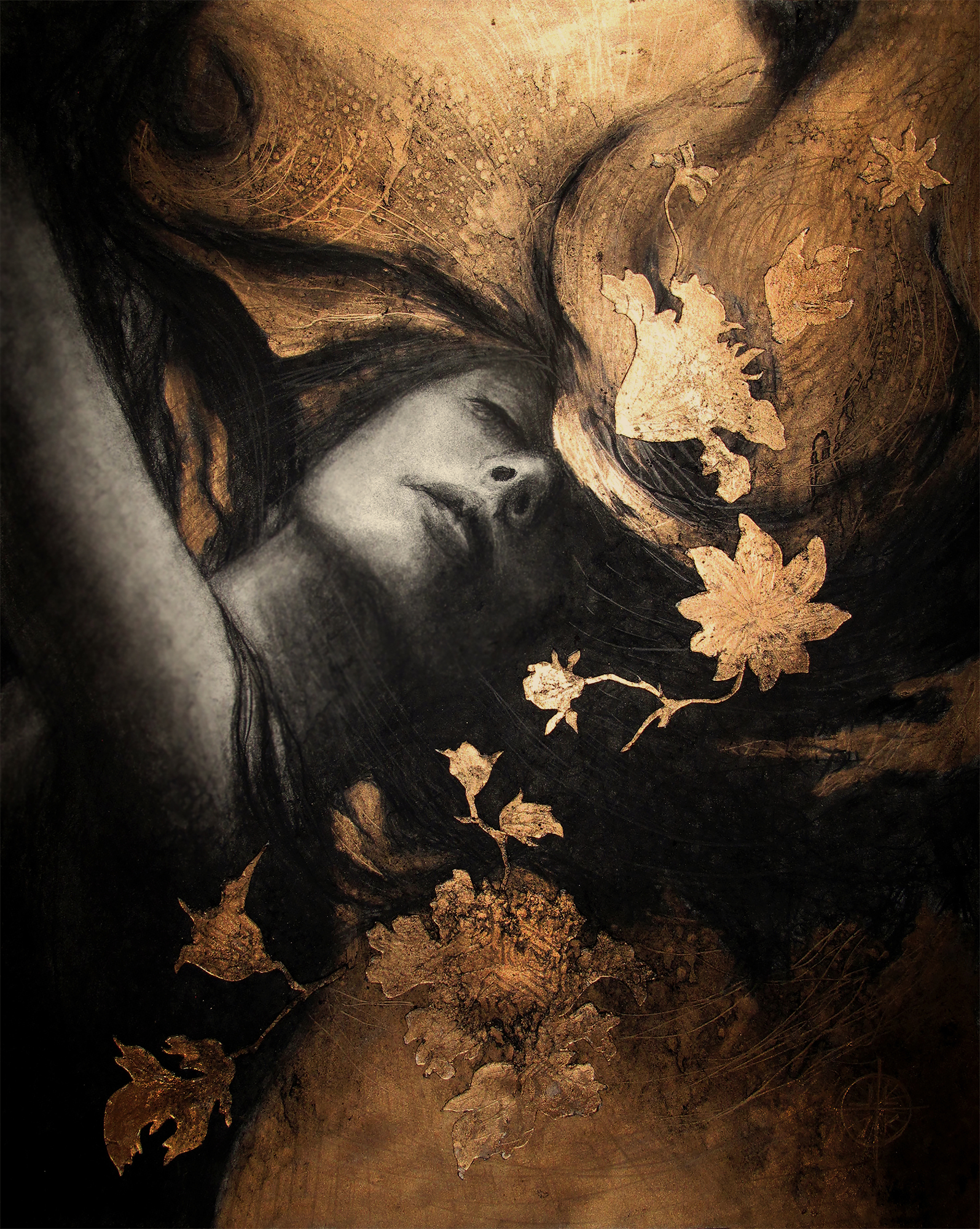 Golden Rapture, original 2017 portrait charcoal painting on paper by Laura L. Krusemark