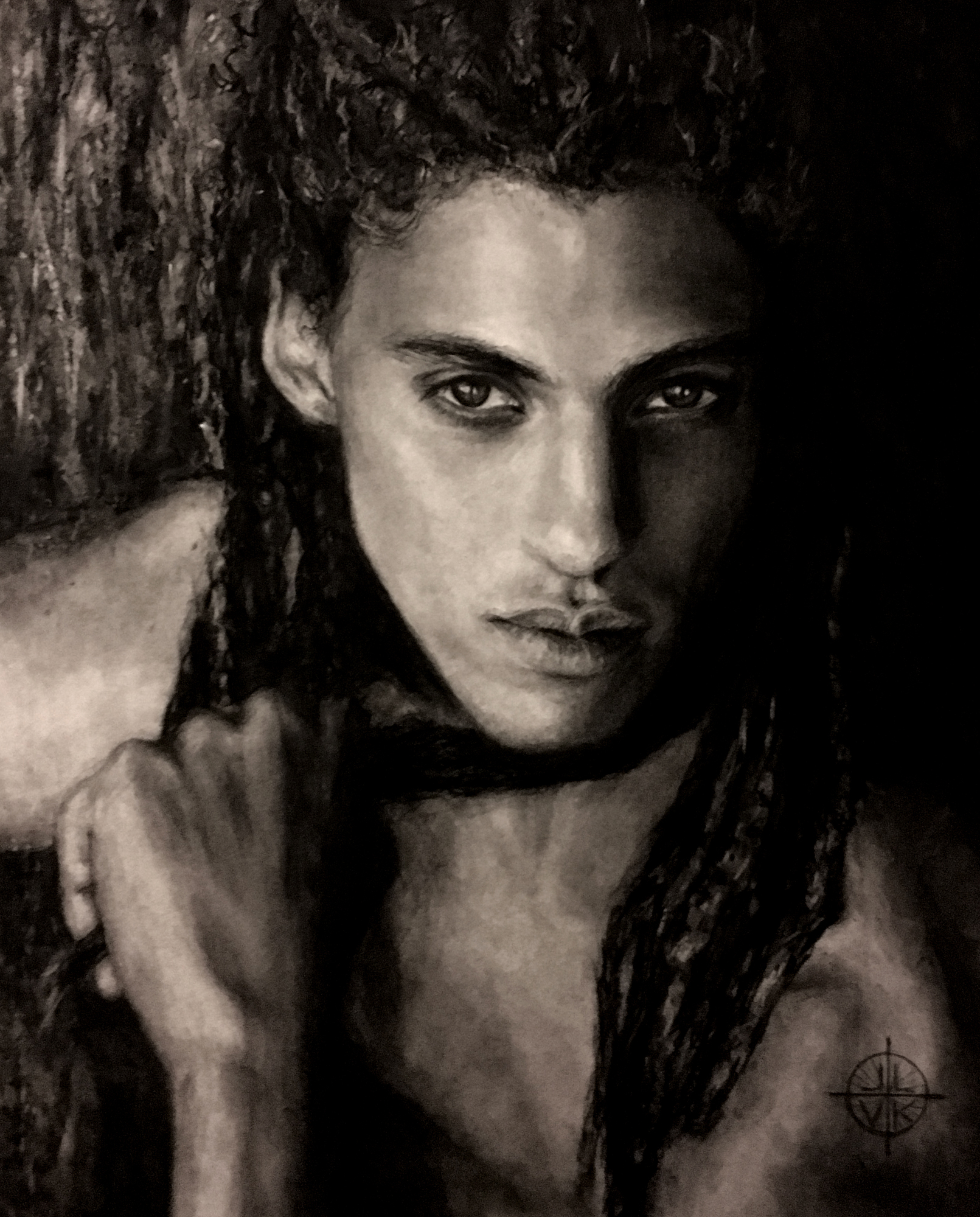 Lucien of the Light, original 2017 portrait charcoal painting on paper by Laura L. Krusemark