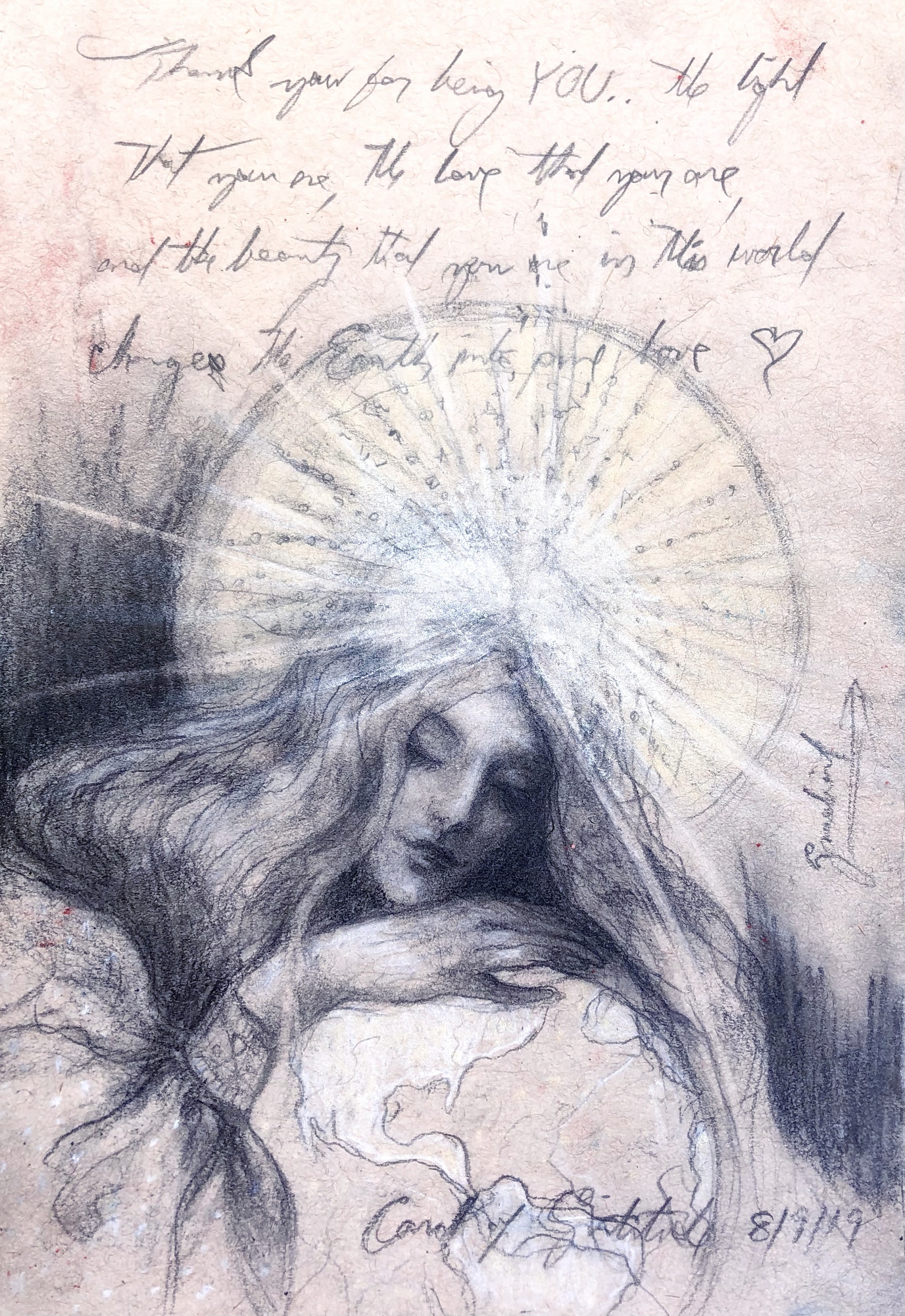 Gratitude Sketch, original 2019 portrait pencil painting on paper by Laura L. Krusemark