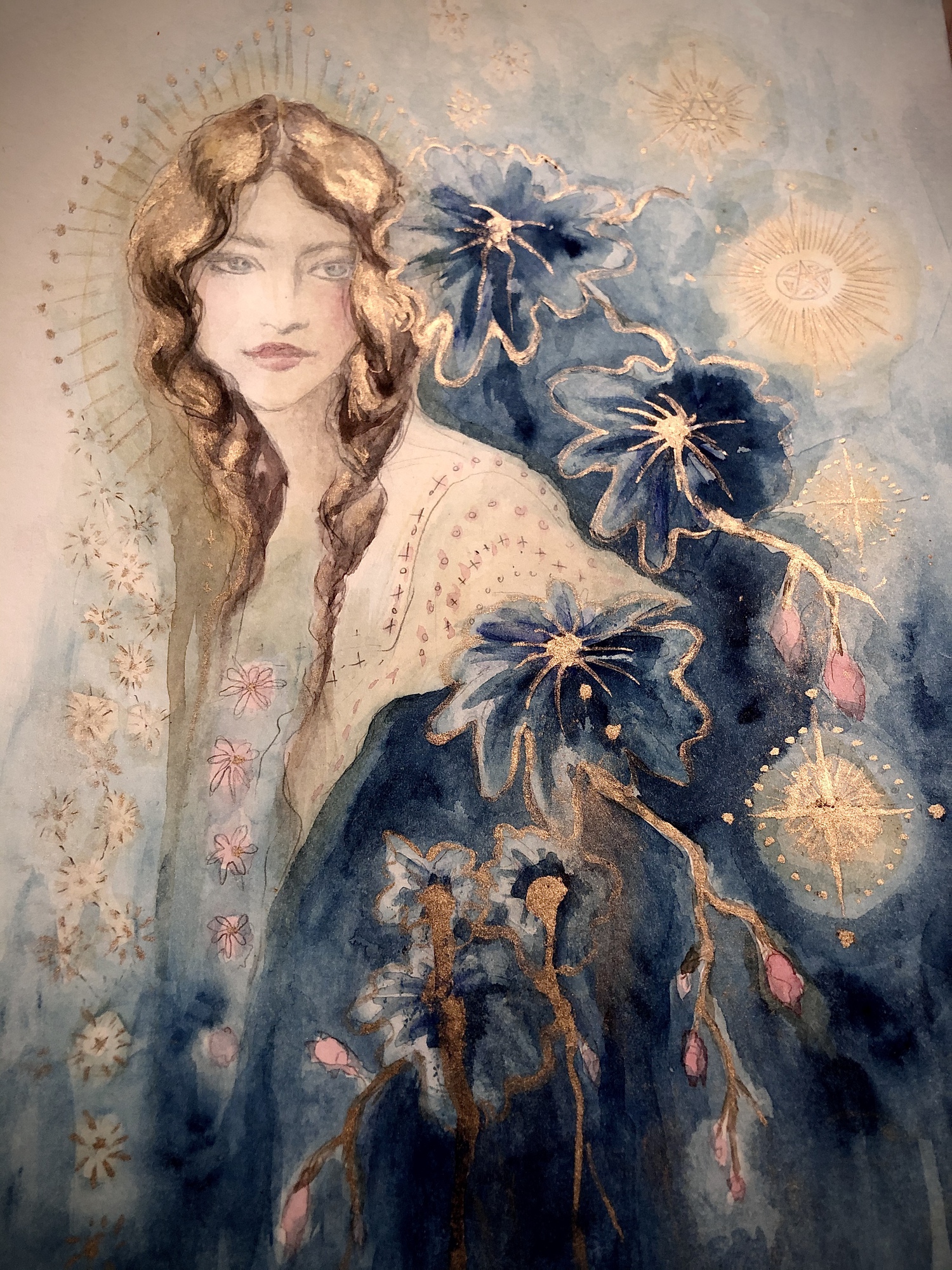 Anastasia and the Star Flowers, original 2020 floral watercolor painting on paper by Laura L. Krusemark