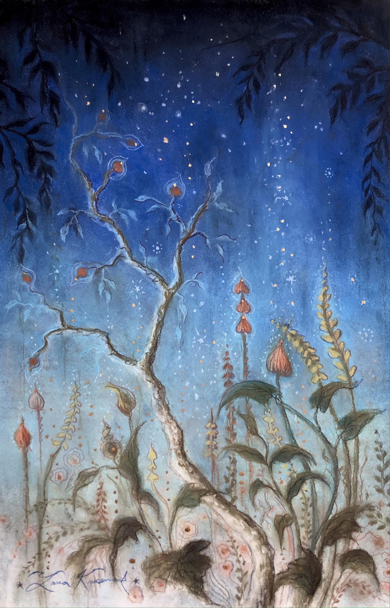 Garden Nocturne, original 2022 floral pastel painting on paper by Laura L. Krusemark