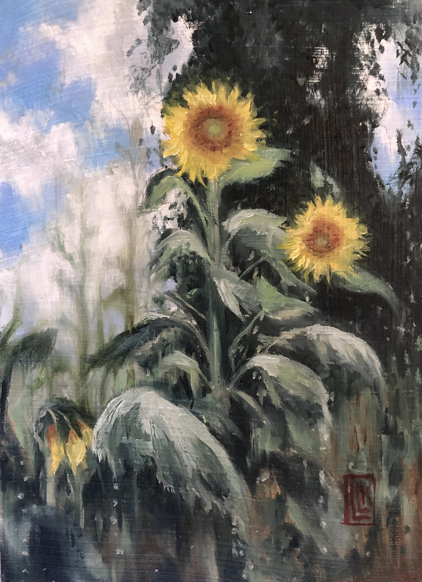 Garden Sunflowers, original 2022 floral oil painting on wood panel by Laura L. Krusemark