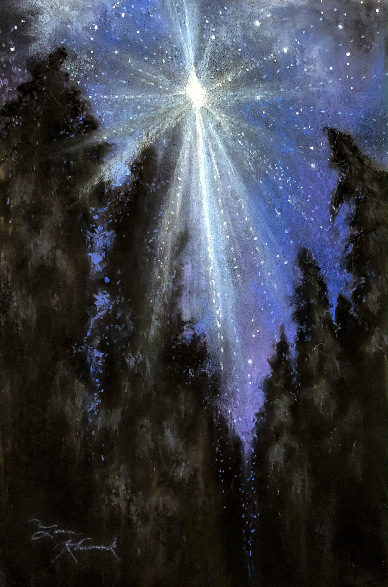 Starlight Pines, original 2022 landscape pastel painting on paper by Laura L. Krusemark