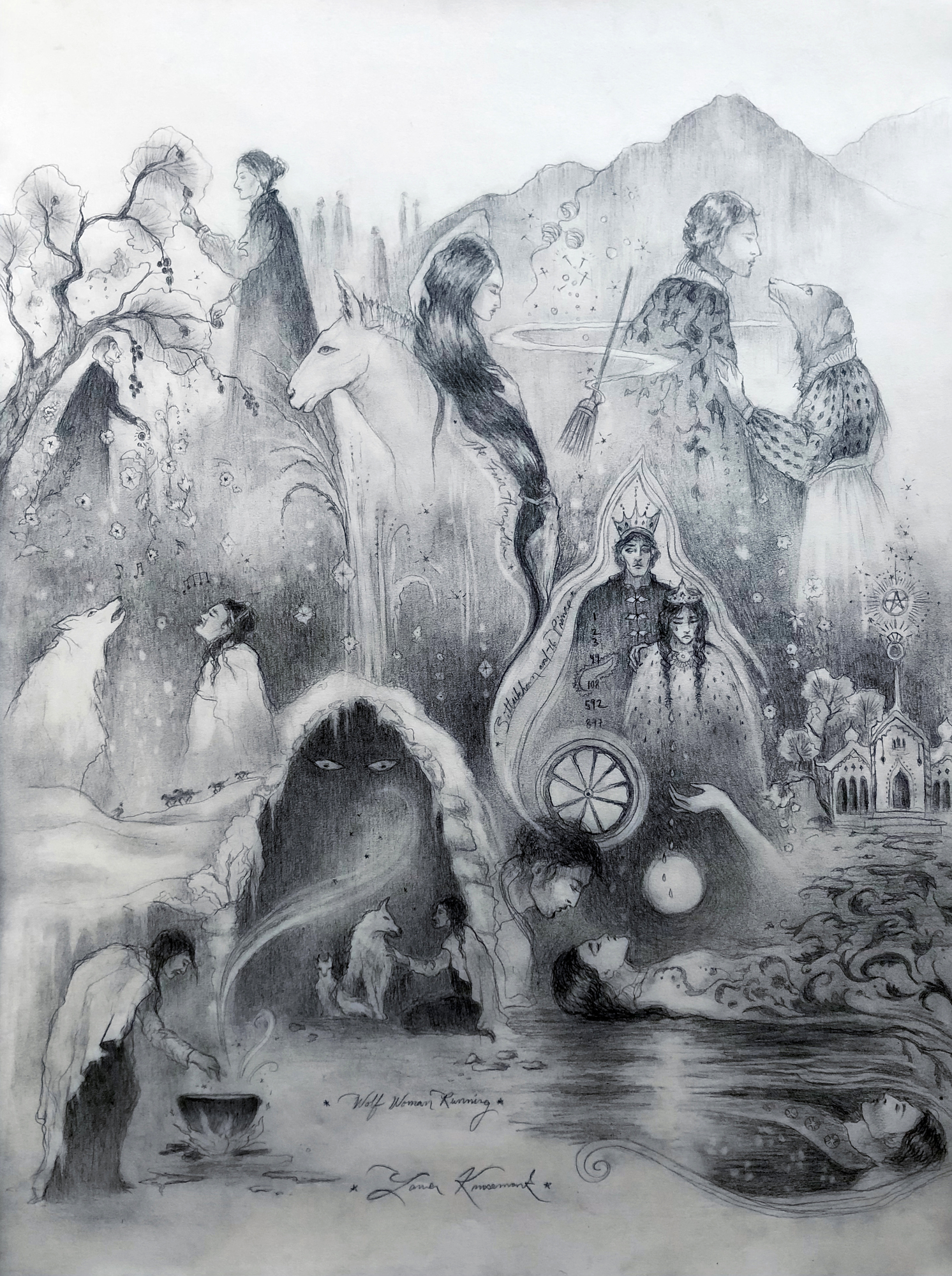 In the Time of Witches, original 2022 figurative pencil painting on paper by Laura L. Krusemark