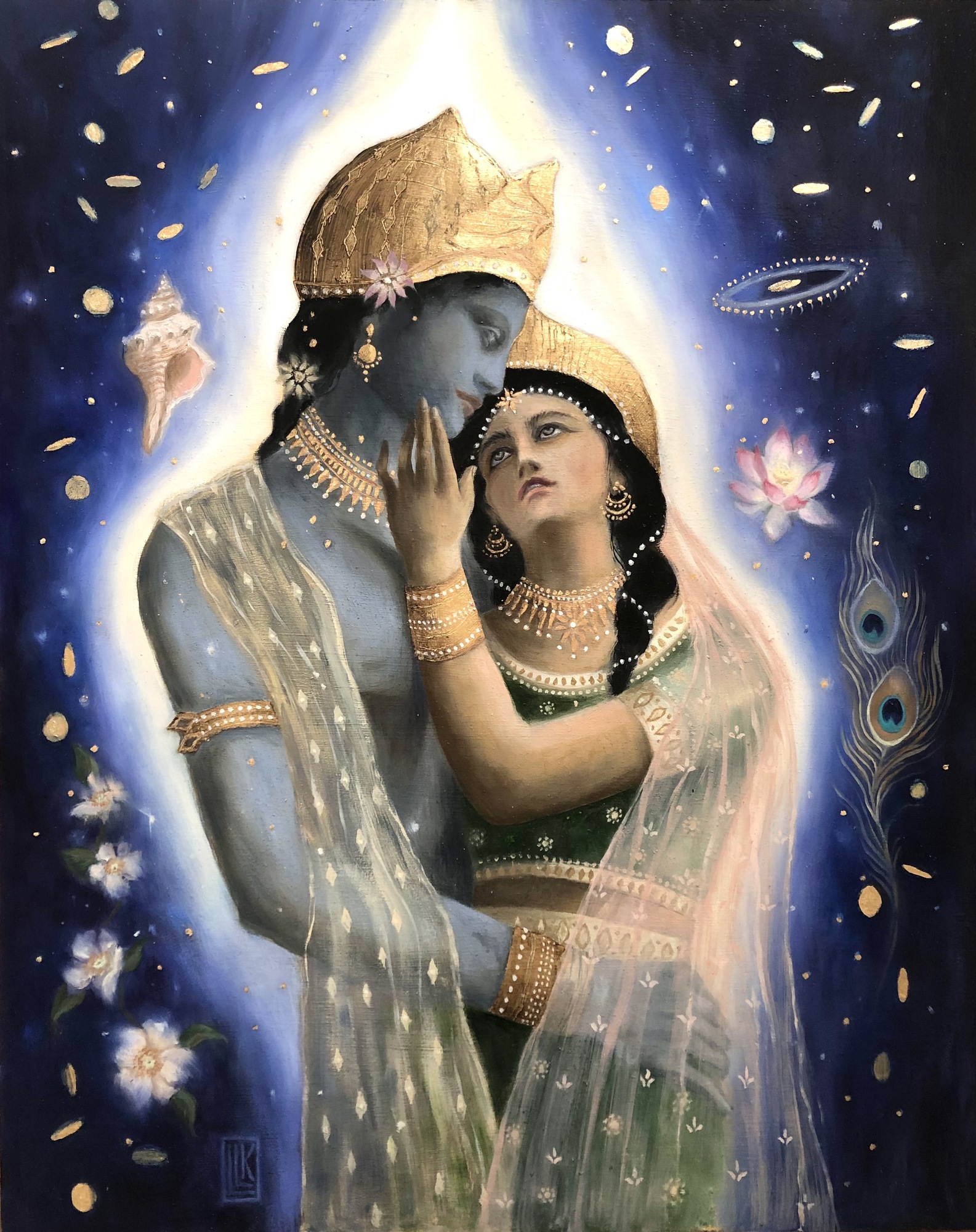 Divine Love and Abundance, visnu and laksmi in ornate clothing embracing with stars, flowers and celestial symbols, 2023 oil painting on wood panel by Laura L. Krusemark