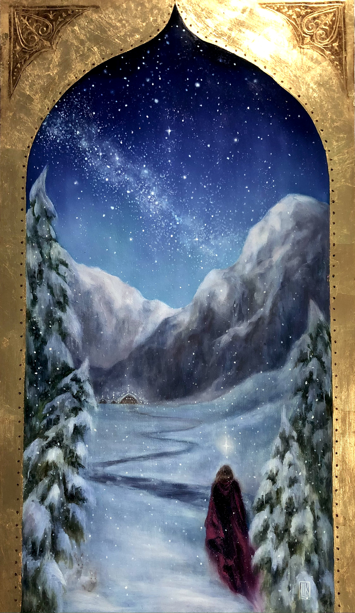 Winter's Wonder at Twilight, original 2023 landscape oil painting on wood panel by Laura L. Krusemark