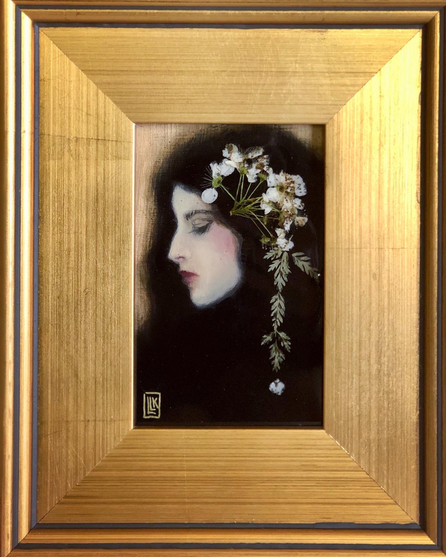 Pavia and the Pear Blossoms, original 2023 portrait painting by Laura L. Krusemark