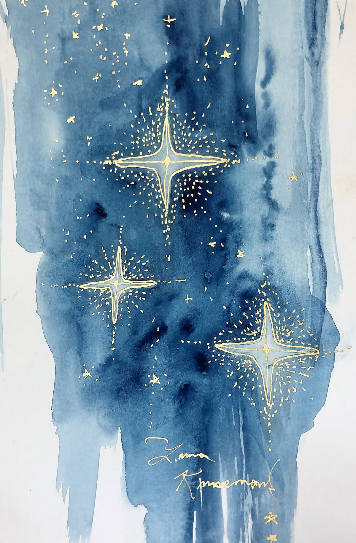 The Golden Trio, An original watercolor inspired by the timeless beauty of the night sky. Rich indigo washes and hand-painted golden stars evoke a sense of wonder, serenity, and quiet light., 2023 watercolor painting on paper by Laura L. Krusemark