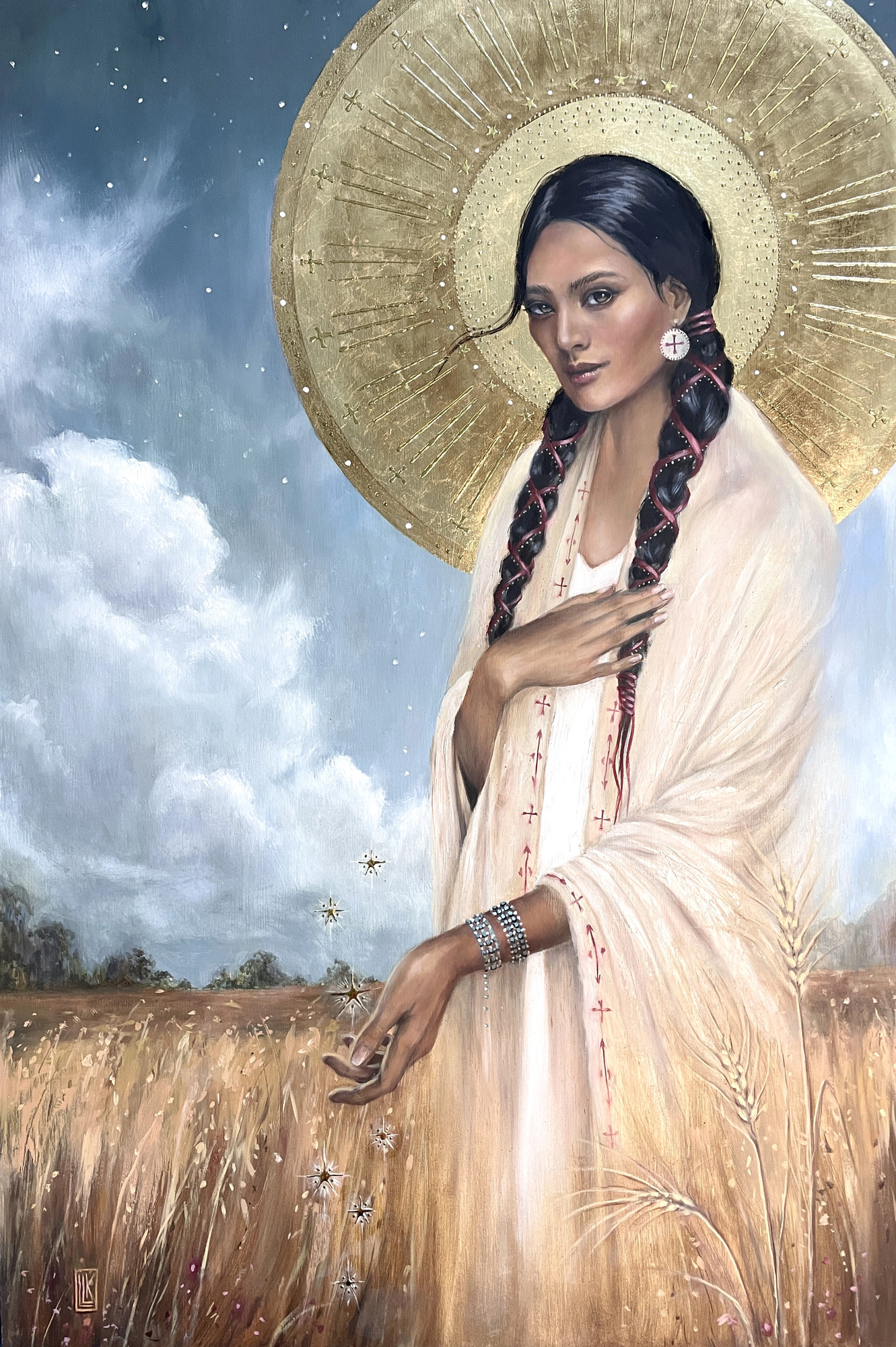 As Above, Sow Below, original 2024 figurative oil painting on wood panel by Laura L. Krusemark