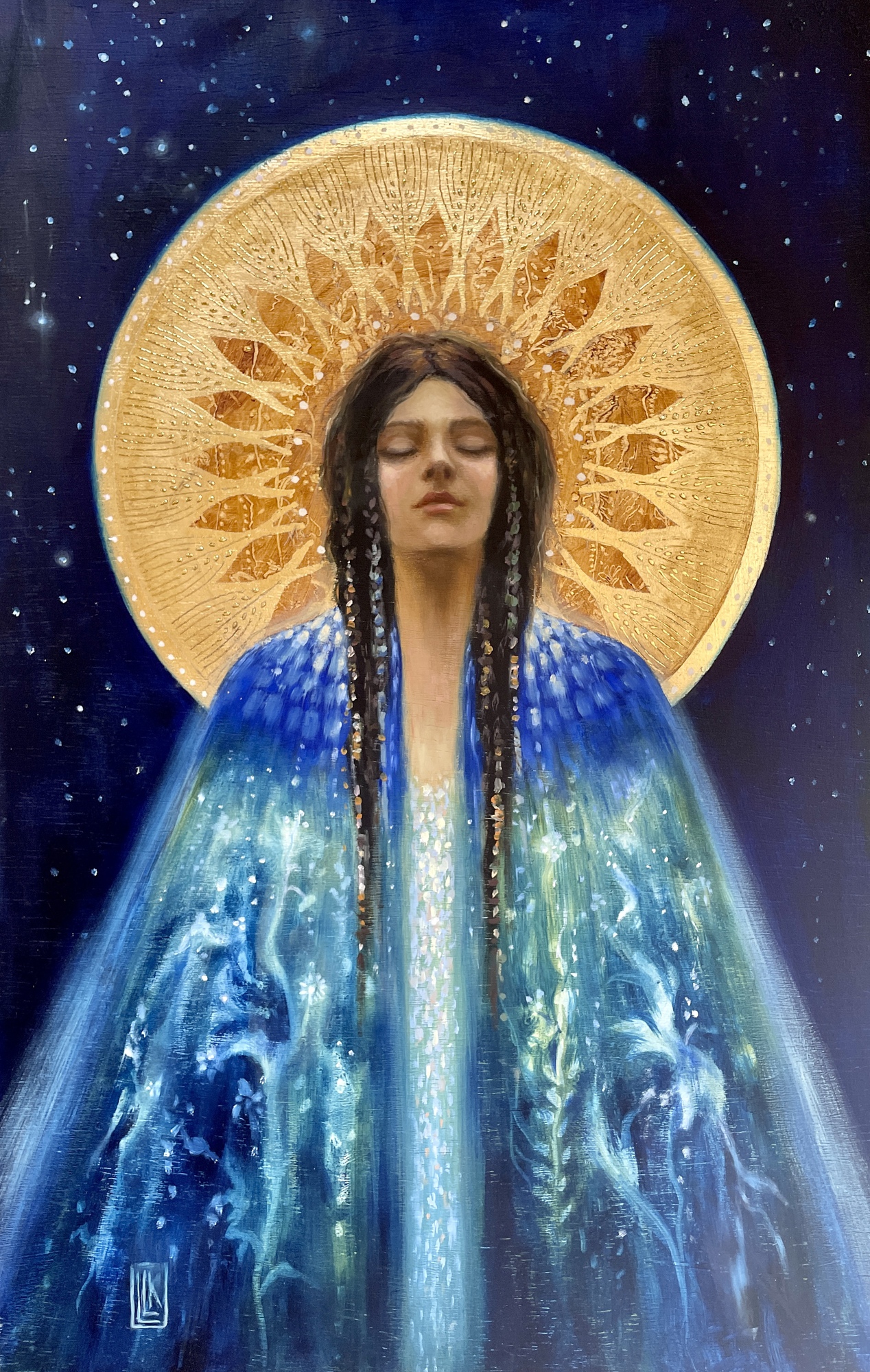 Mother Earth Ascending, original 2024 portrait oil painting on wood panel by Laura L. Krusemark