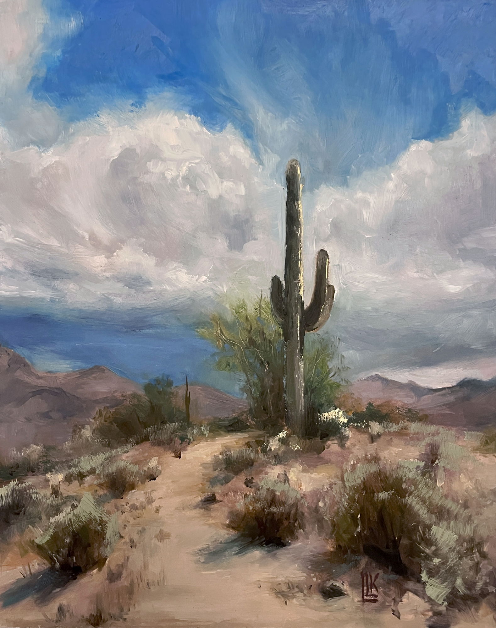 The Saguaro, original 2024 landscape oil painting on wood panel by Laura L. Krusemark