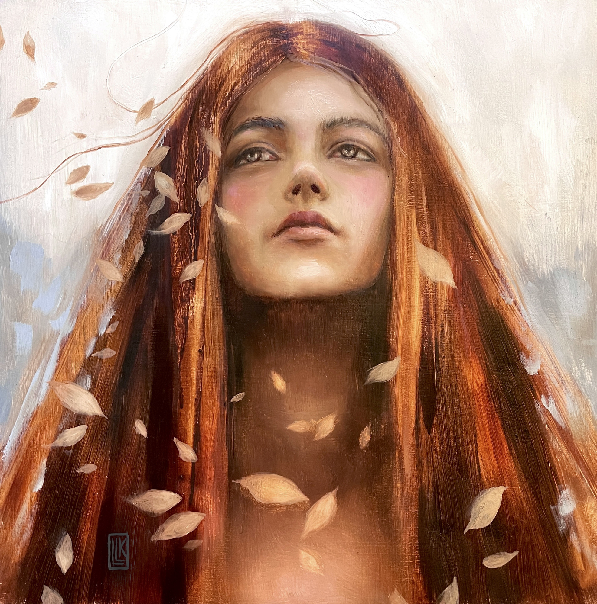 Autumn's Song, original 2024 portrait oil painting on wood panel by Laura L. Krusemark