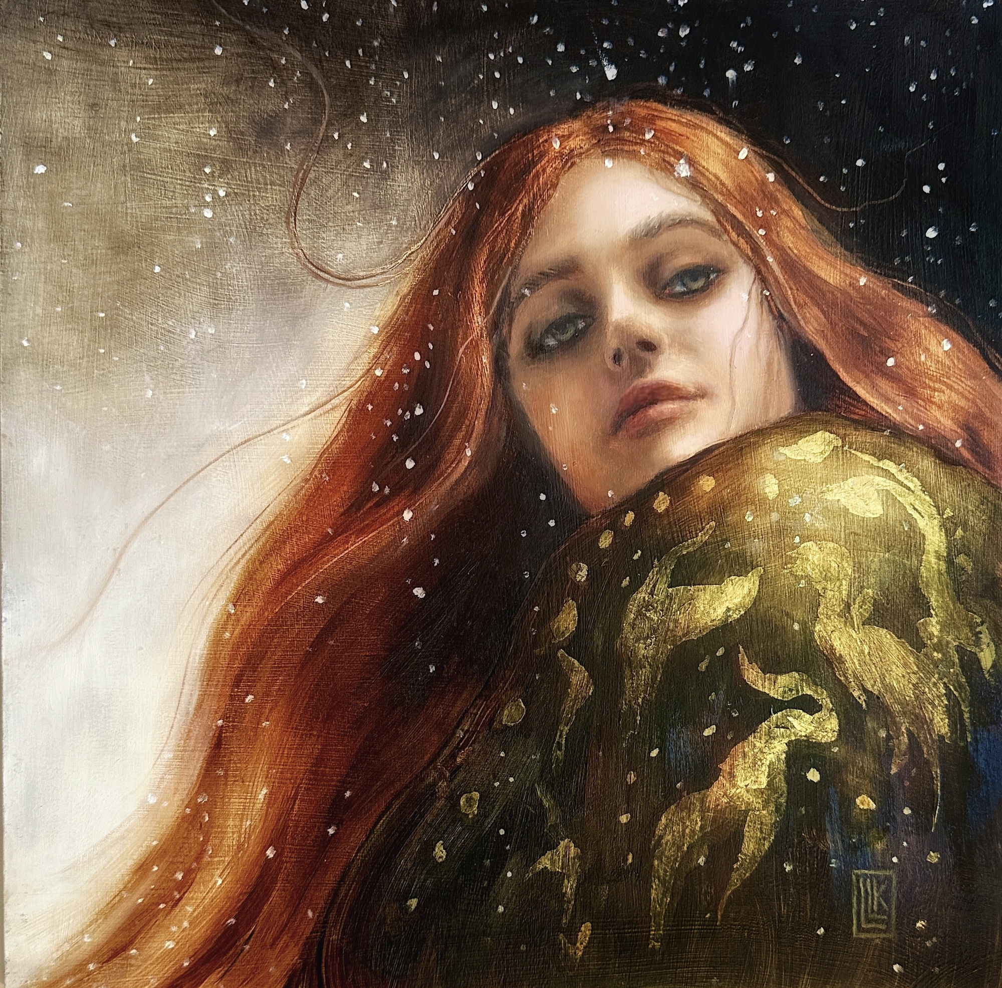 Snowfire, original 2024 portrait oil painting on wood panel by Laura L. Krusemark