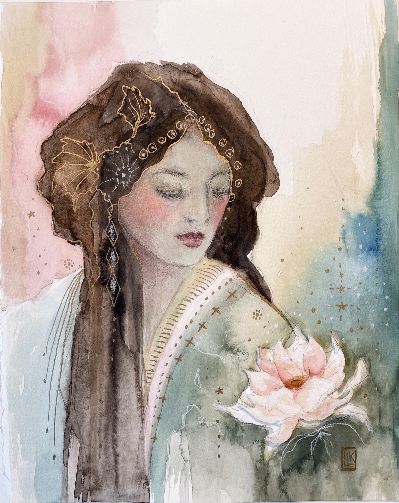 Lotus Lady, original 2025 figurative watercolor painting on paper by Laura L. Krusemark
