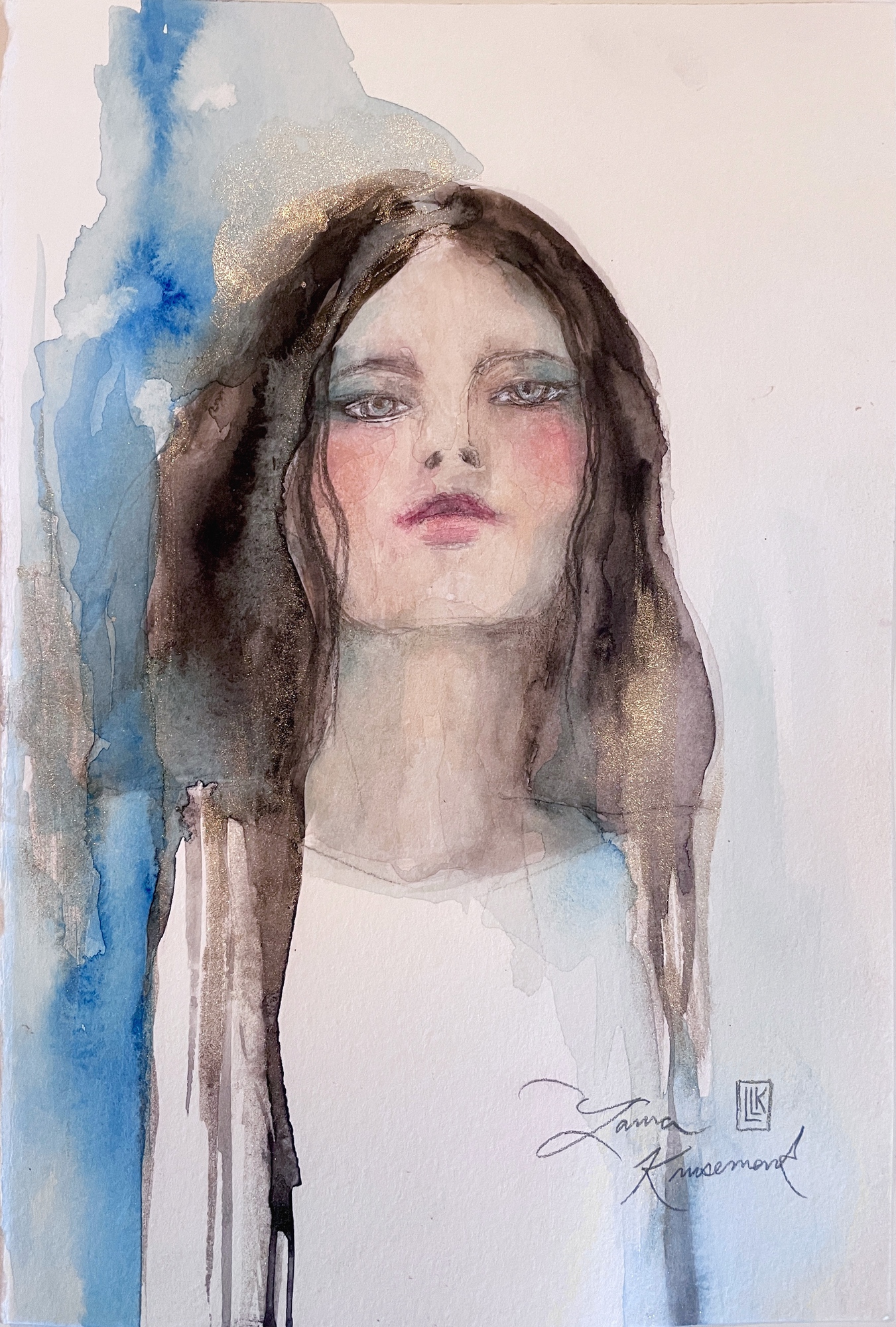 Golden Blue, original 2025 figurative watercolor painting on paper by Laura L. Krusemark